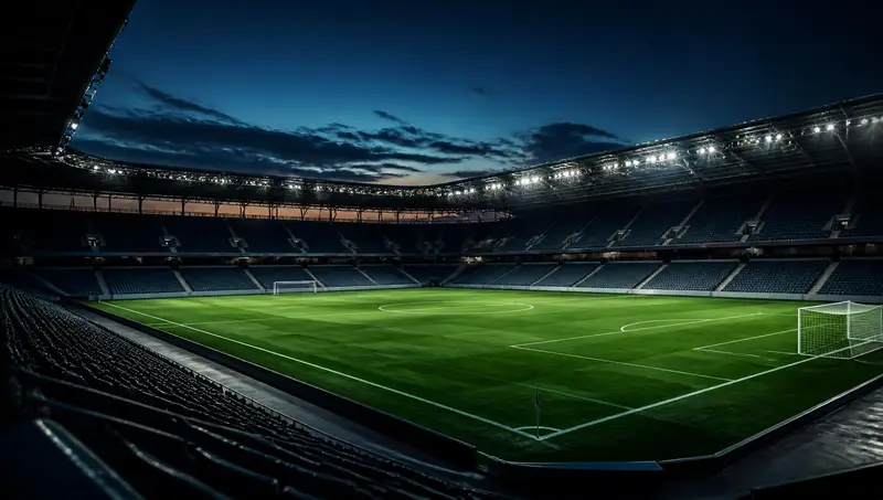 Leeres Fußballstadion mit Flutlicht in der Abenddämmerung